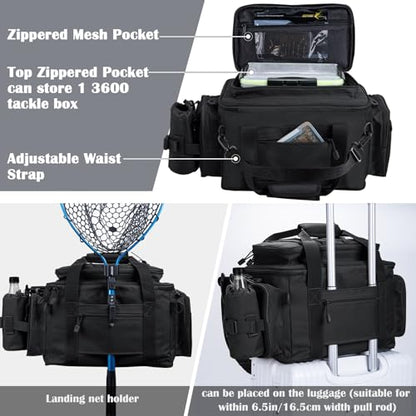 Goture Fishing Tackle Bag with 4pcs 3600 Tackle Boxes, 600D Water-Resistant Soft Side Saltwater Gear Storage Fishing Bag with Rod Straps, Detachable Water Bottle Pouch, Waterproof Bottom, SBS Zippers - color: C2:Black with 4 3600 Tackle Boxes, size: Large