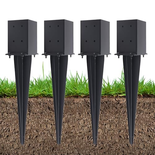 4 Pcs 22" Fence Post Anchor Ground Spike| Black Powder-Coated| 4"x4" | Actual 3.6"x3.6" Heavy Duty Metal Fence Post Anchor for Deck| Fence| Porch| Railing| Mailbox - size: 4 Pcs, style: 4"x 4"