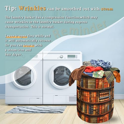 Retro Wooden Bookshelf Pattern Laundry Hamper Books Laundry Basket With Handles Foldable Oxford Cloth Funny Tote Bag Clothes Toy Storage Bucket 18.9"x16.5" For Bathroom/Laundry/Bedroom - color: Retro Wooden Bookshelf