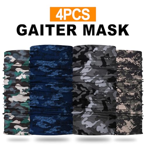 4Pack Neck Gaiter for Men Women Face Cover Mask Head Wrap Balaclava Headwear Bandana Headband Magic Scarf - color: A-camo-1