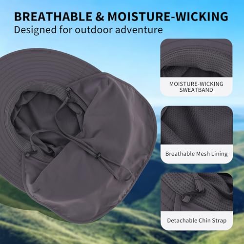 Connectyle Wide Brim Sun Hat for Men Women UPF 50+ Breathable Fishing Hat with Neck Flap Outdoor Hiking Safari Bucket Hats - color: Dark Grey