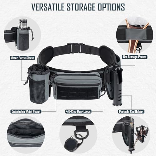 Fishing Wading Belt with Rod Holder & Waist Pack – Adjustable Fishing Belt with Detachable Tackle Bag Fishing Tool Tackle - color: Grey