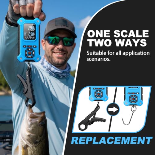 SNAIL TRAIL 8 Storage Bins Digital Fishing Scale & Lip Gripper with Auto-Rank, Large & High Contrast Backlit LCD Display, Multi-Mode(LB, LB-OZ, KG), 50 lbs Tournament Bass Fish Weigher, Gift for Men - color: Blue