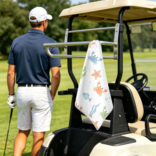 Cartoon Crab Fish White Pattern Magnetic Golf Towel for Golf Bags Microfiber Golf Accessories for Women Men with Carabiner Clip Attaches to Clubs and Carts, 17.7"x17.7"