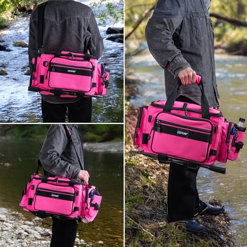 Goture Fishing Tackle Bag,Store Up to 4PCS 3700 Tackle Boxes(Not Included),600D Soft Side Water-Resistant Saltwater Gear Storage Fishing Bag with Rod Straps,Detachable Water Bottle Pouch,SBS Zippers - color: A3:Pink(Without Trays-17.72"x11.81"x9.45"), siz