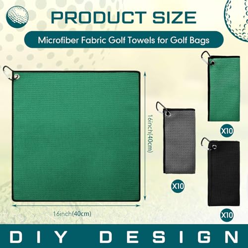 Batiyeer 30 Pcs Golf Towels Bulk for Bags 16'' x 16'' Microfiber Fabric Golf Towel with Clip Waffle Pattern for Men Mini Tournament Fitness Yoga Camping(Black,Gray,Green) - color: Black,gray,green