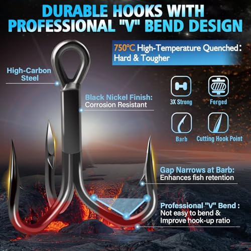 Dovesun Fishing Treble Hooks Outward-Angled Point 3X Strong Professional V Triple Fishing Hooks for Saltwater and Freshwater 50PCS Size #10#8#6#4#2 - size: #10 * 50PCS