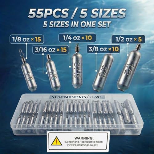 Drop Shot Fishing Weights, Lead Sinkers, 1/8oz, 3/16oz, 1/4oz, 3/8oz, 1/2oz, for Bass Fishing, Drop Shot Rig, Wacky Rig, Finesse Fishing - size: 55 Pcs / 5 Sizes