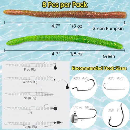 Soft Plastic Worm,Easy to Use Bass Fishing Stick Bait Lures,4.7in 8pcs - Slow Sink, Salt Impregnation, Ribbed Design, Proven Colors - Wacky Stick, Soft Fishing Lures - color: Green