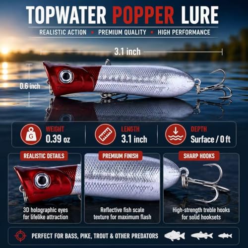 Topwater Popper Fishing Lure for Bass Pike 0.39oz 3.1in Floating Surface Bait with Loud Splashing Cup Mouth - color: color2