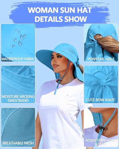 Womens Sun Hat Outdoor UV Protection Wide Brim Fishing Hat with Ponytail Hole Neck Flap for Beach Hiking Camping - color: Sky Blue