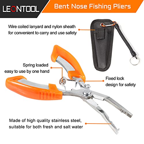 Fishing Pliers Bent Nose Stainless Steel Hook Remover Fishing Scissors Fishing Line Cutter Split Ring Pliers Wire Cutter Braid Cutter Multi-Purpose Fishing Pliers with Sheath and Lanyard - style: Bent Nose