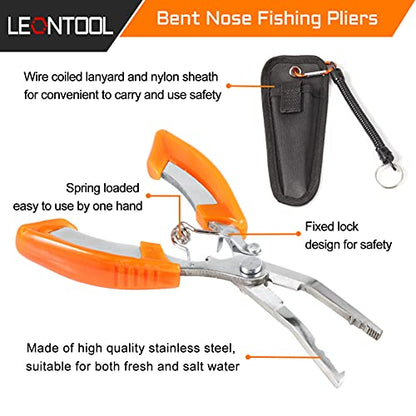 Fishing Pliers Bent Nose Stainless Steel Hook Remover Fishing Scissors Fishing Line Cutter Split Ring Pliers Wire Cutter Braid Cutter Multi-Purpose Fishing Pliers with Sheath and Lanyard - style: Bent Nose