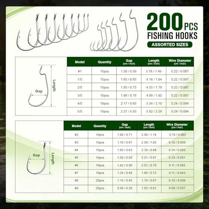 GOTURE 200Pcs Fishing Hooks Set with Tackle Box, 80D High Carbon Steel Offset Worm Hooks and Iseama Bait Hooks Assortment for Freshwater Saltwater Fishing - style: 200pcs - Offset & Iseama