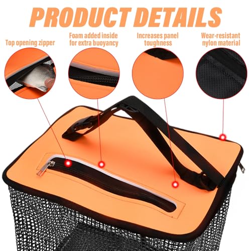 XhuangTech Floating Fishing Basket, Collapsible Fish Basket Portable Fishing Net Storage Cage for Live Caught Fish, Foldable Rubber Coated Bait Minnow Bucket 3.5/10 Gallons Live Well, Orange - size: Large