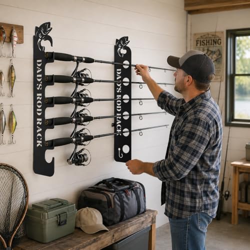 Personalized Fishing Rod Holder Wall Mount Custom Dad’s Rod Rack Metal Fishing Pole Storage Rack for Garage Cabin Lake House Man Cave Fishing Gear Organizer Holds 6 Rods