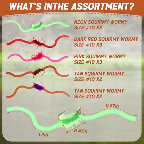 12 Pcs San Juan Trout Worm Lure Kit - Bead Head Soft Plastic Baits, Realistic Worm Lures for Trout, Bass, Salmon, Steelhead & Freshwater Fishing - size: Size 12