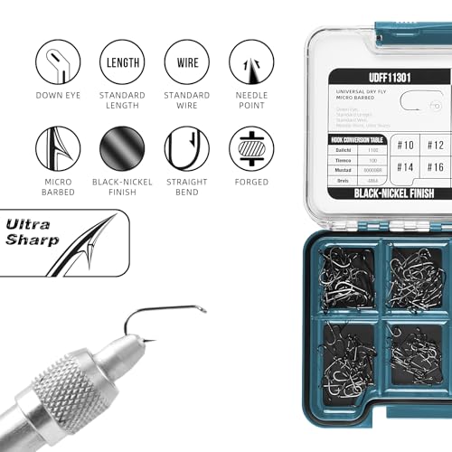 SF 10# 12# 14# 16# Fly Tying Hooks Kit Assortment Micro Barbed High Carbon Steel Standard Dry Curved Nymph Scud Pupa Fly Fishing Hook 240Pcs with Waterproof Magnetic Hook Box
