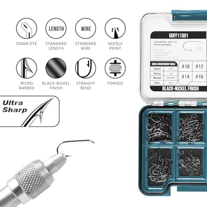 SF 10# 12# 14# 16# Fly Tying Hooks Kit Assortment Micro Barbed High Carbon Steel Standard Dry Curved Nymph Scud Pupa Fly Fishing Hook 240Pcs with Waterproof Magnetic Hook Box