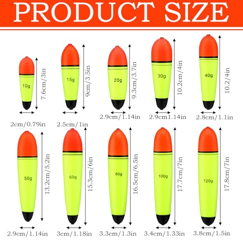 Outus 10 Pcs EVA Sea Bass Fishing Floats Set (10g-120g) Fishing Floats Slip Bobbers, EVA Slider Bobbers, Freshwater Saltwater