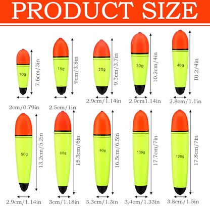 Outus 10 Pcs EVA Sea Bass Fishing Floats Set (10g-120g) Fishing Floats Slip Bobbers, EVA Slider Bobbers, Freshwater Saltwater