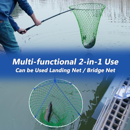 QualyQualy Foldable Pier Fishing Net 23" with Rust-Proof Stainless Steel Ring & Heavy-Duty Poly Mesh | Saltwater & Freshwater Landing Net for Kayak, Bridge Fishing Lightweight Durable Design - color: Green
