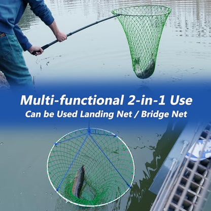 QualyQualy Foldable Pier Fishing Net 23" with Rust-Proof Stainless Steel Ring & Heavy-Duty Poly Mesh | Saltwater & Freshwater Landing Net for Kayak, Bridge Fishing Lightweight Durable Design - color: Green