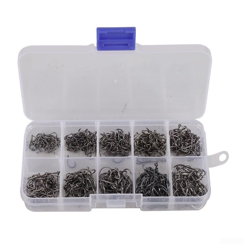 500 Pieces Fishing Hooks Assortment, 10 Sizes #3-#12 Carbon Steel Fishhooks with Storage Box, Black Tackle Kit for Saltwater and Freshwater Fishing