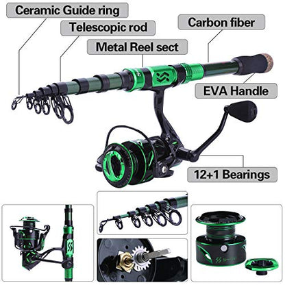 Sougayilang Fishing Rod and Reel Set Carbon Fiber Telescopic Fishing Rod 12+1BB Spinning Reel with Carry Case for Saltwater Freshwater - color: green, size: 5.91 ft - 2000