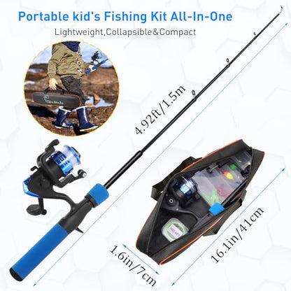 Kids Fishing Pole Kit, 59'' Telescopic Rod and Reel Beginner Combo with Spincast Reel,Tackle Box, Carrier Bag,Fishing Gear for Boys,Girls, Toddler,Youth - color: Blue