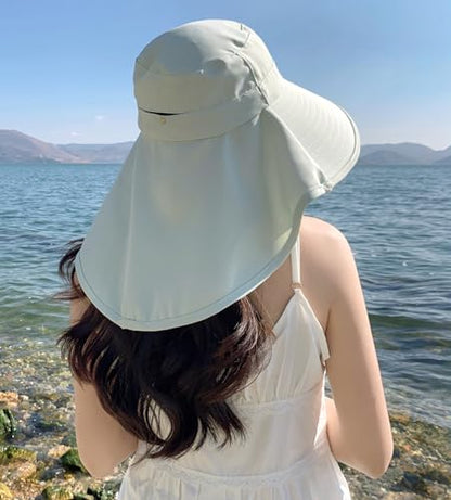 HUAMULAN Men Summer Sun Hat Women Safari Wide Brim Fishing Hats UV Protection Neck Flap Bucket Gardening Hiking Hunting Cap - color: Bg8112-lightgreen