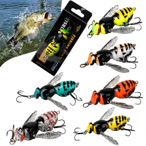 6Pack Bionic Wasp Topwater Lure,Top Water Fishing Lures,Topwater Lures for Bass Walleye Pike,2026 Wasp Crawl Bait for Freshwater and Saltwater-Floating Hard Bait w/Carbon Steel Treble Hooks - size: No. 12