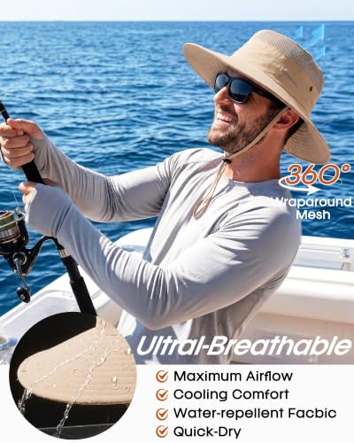 FURTALK Sun Hats for Men Women UPF Sun Protection Breathable Wide Brim | Nylon UV Protection, Breathable Adjustable, 2-in-1 Wide Brim, Packable Water-Resistant, Fishing Hiking Summer - color: Khaki