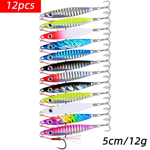 Aorace Jigging Lure Lead Fish Metal Jig Fishing Lure Paillette Knife Artificial Hard Bait Laser Body - color: 12pcs 12g 5cm