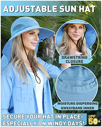 Tirrinia Wide Brim Sun Hat with Neck Flap for Men & Women, Breathable Hiking Fishing Safari Hat, Outdoor UV Protection Cap - color: #Blue