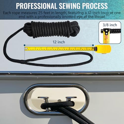 2 Pack 3/8" x 25' Boat Dock Lines for Boat & Pontoon, Premium Marine- Grade Double Braided Nylon Boat Lines, Pre-Spliced with a 12" Eyelet-Black,High Strength,Easy Handling,Boating Gifts for Men. - size: 3/8" x 25' (Pack of 2)