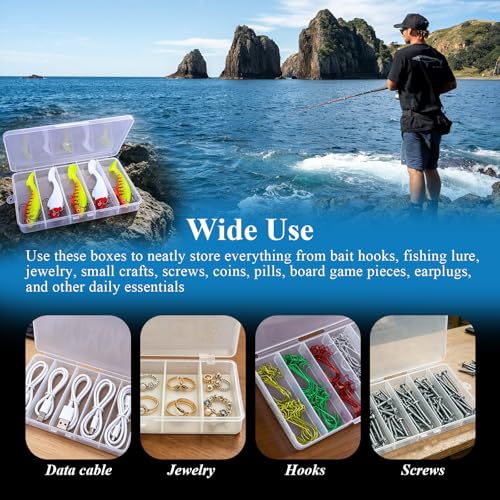 5 Pack 5-Grid Clear Plastic Fishing Tackle Accessory Box, 7" x 4.5" x 0.86" | Ideal for Fishing Hooks/Lures/Plastics, Also Fits Jewelry, Board Game Storage, Screws, Bobby Pins & DIY Crafts Beads Earrings