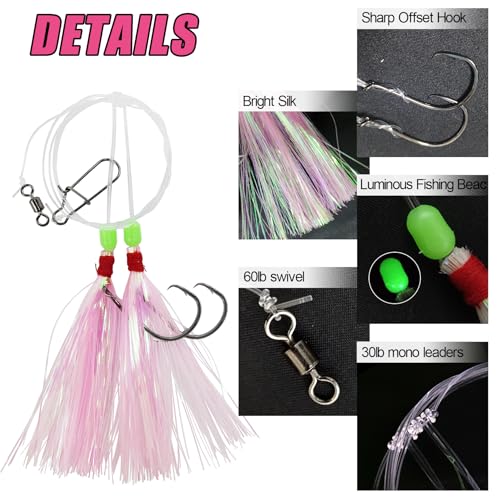 Eupheng Fluke Flounder Hi-Lo Rig, 3/0 5/0 5PCS Saltwater Fishing Bait Rigs with Mylar Teaser for Surf Ocean Fishing Sea Bass Halibut Rockfish Cod - size: Circle Hook-#5/0-5PCS