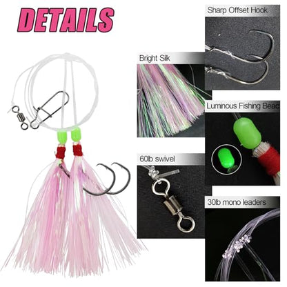 Eupheng Fluke Flounder Hi-Lo Rig, 3/0 5/0 5PCS Saltwater Fishing Bait Rigs with Mylar Teaser for Surf Ocean Fishing Sea Bass Halibut Rockfish Cod - size: Circle Hook-#5/0-5PCS