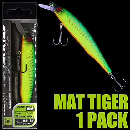 XFISHMAN Jerkbait Kit - Minnow Lure - Suspending - Bass, Smallmouth Bass, Walleye, Largemouth Bass - 1 Piece - color: Mat Tiger, size: 110mm（4-3/8"in）