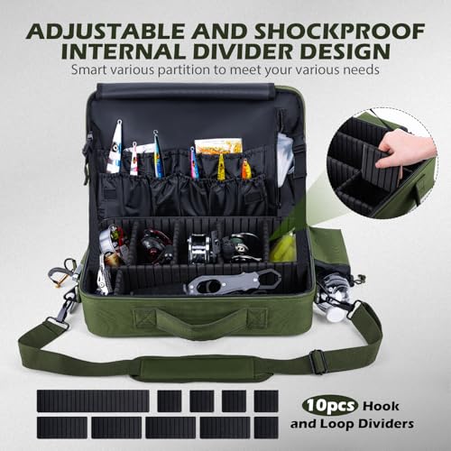 Goture Fishing Reel Case, Hard Shell Customize Storage Bag | Modular dividers for custom fit 600D water-resistant fabric & EVA padding Integrated rod straps & quick-access pockets - color: Green