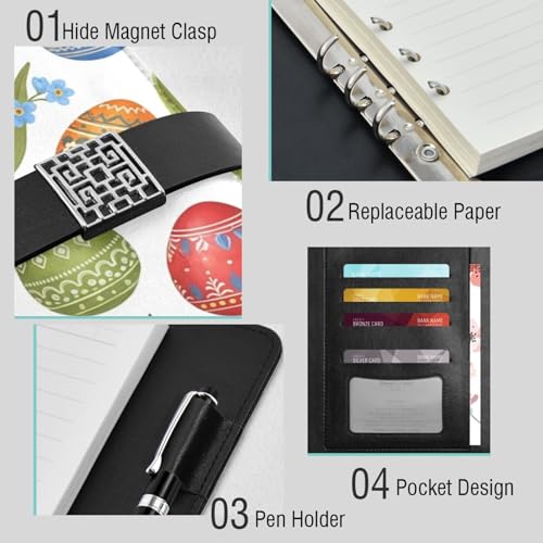 Easter Eggs Flowers Spring A5 PU Leather Refillable Binder,Business Notebook Travel Planner with Expandable Pockets,6-Ring,Pen Storage & Easy-Clean Surface for Daily Use - color: Easter Eggs Flowers Spring