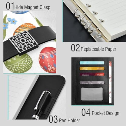 Easter Eggs Flowers Spring A5 PU Leather Refillable Binder,Business Notebook Travel Planner with Expandable Pockets,6-Ring,Pen Storage & Easy-Clean Surface for Daily Use - color: Easter Eggs Flowers Spring