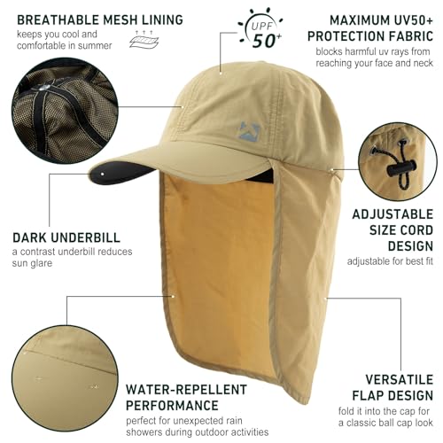 TOP-EX L/XL/XXL UV50+ Waterproof Neck Flap Baseball Sun Cap - color: Khaki, size: XX-Large