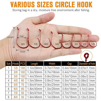 Dovesun Circle Hooks for Catfish 2X Strong 100PCS Catfish Hooks Octopus Circle Hooks Saltwater and Freshwater Black & Red Size 1/0-8/0 - color: Red, size: 6/0*60PCS