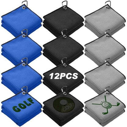 Batiyeer 12 Pcs Golf Towel Bulk for Golf Bags Microfiber Fabric Towel with Clip Waffle Pattern, Fitness, Camping, Hiking, Yoga - color: Black, Gray, Blue