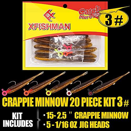 Crappie-Baits- Plastics-Jig-Heads-Kit-Minnow-Fishing-Lures-for Crappie-Panfish-Bluegill-20Piece Kit - 15 Bodies- 5 Crappie Jig Heads - color: #03 Pumpkin PP.Shad