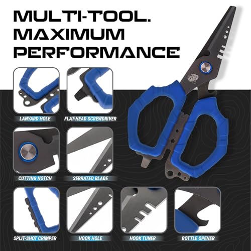 Reaction Tackle Fishing Line Scissors, 6.5 Inch Heavy Duty Braid Shears with Serrated Stainless Steel Blades, Multi-Tool with Sheath, Cuts Braid, Mono, Fluoro and Wire
