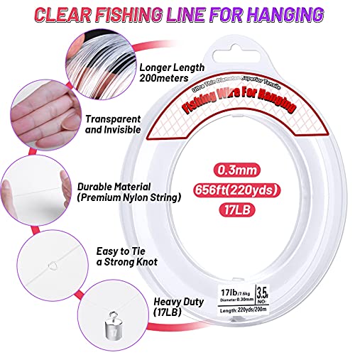 Clear Fishing Wire, Acejoz 656FT Fishing Line Clear Invisible Hanging Wire Strong Nylon String Supports 40 Pounds for Balloon Garland Hanging Decorations - style: 0.3mm, 656ft, 17lb