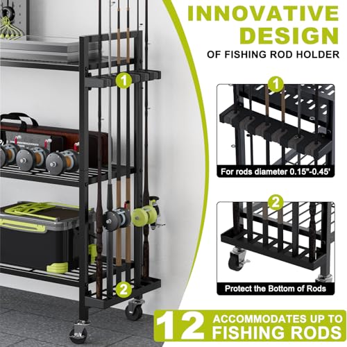 Fishing Rod Holders for Garage, Fishing Rod Stand with Wheels and Pegboard, 3-Tier Pole Storage Rack with 8 Hooks and 12 Rod Slots, Ideal for Tackle, Backpacks, and Gear - color: Black